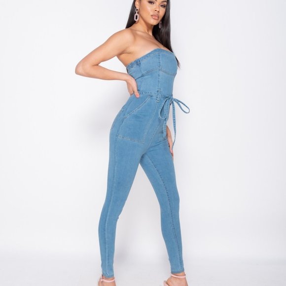 Strapless Denim Jeans Bodycon Jumpsuit Playsuit - Picture 2 of 9